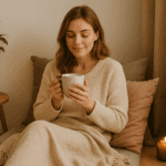 Mujer disfrutando de su rincón de autocuidado