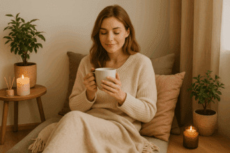 Mujer disfrutando de su rincón de autocuidado